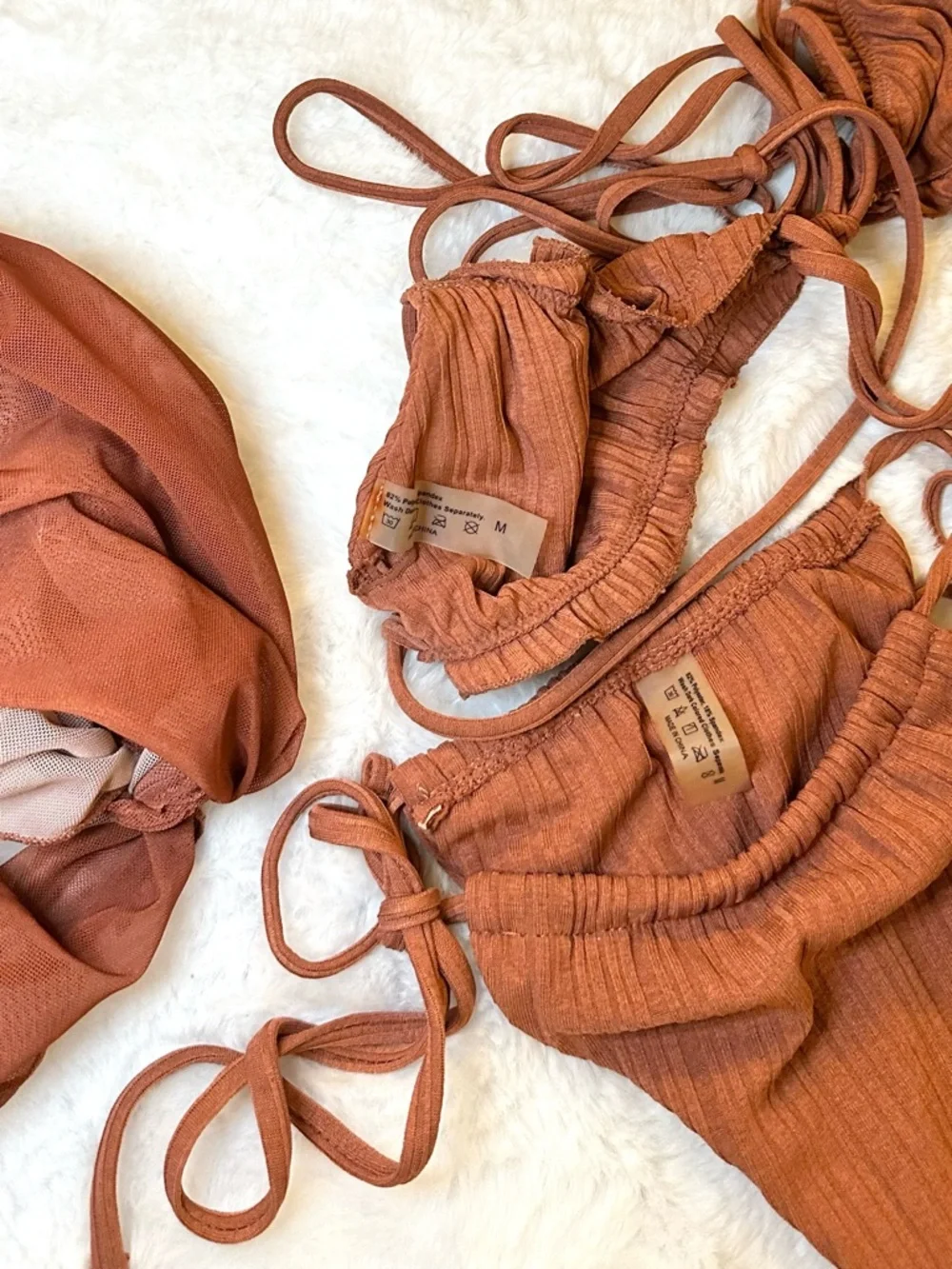 SHEIN Ribbed Burnt Orange Brown 3 Piece Tie Bikini Set Cover Up Sarong Medium
